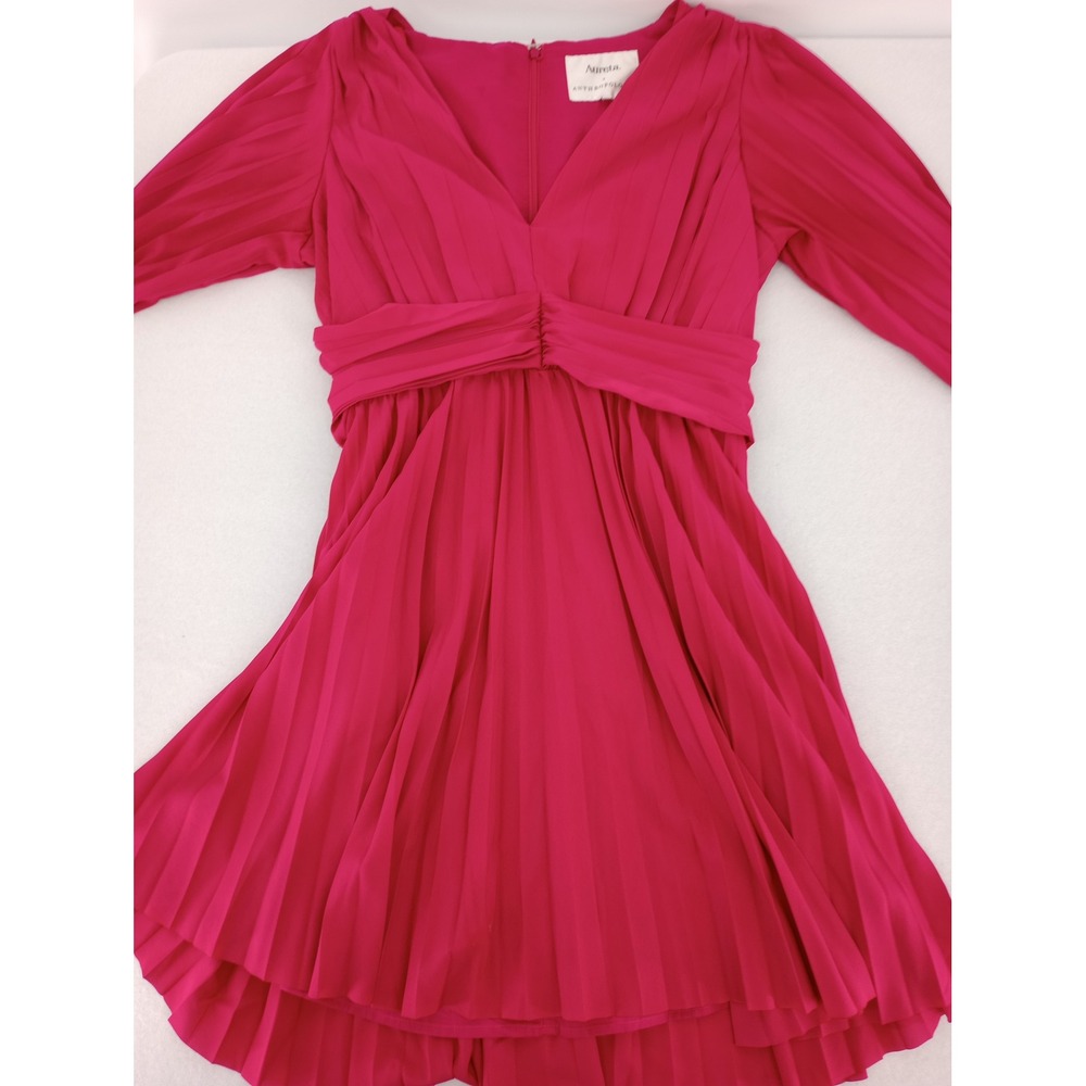Aureta x Anthropologie Pleated Mini Dress Women S Pink V-Neck Long Sleeve